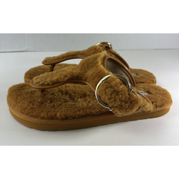 Coach Hollie Flip Flops Plush Shearling Slip On Thong Sandals Butterscotch Sz 9B - Picture 8 of 14